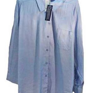 PURE LINEN TUNIC BLOUSE, TAGS ON, MISSES 14, MEDIUM BLUE, WASHABLE, ONE POCKET,